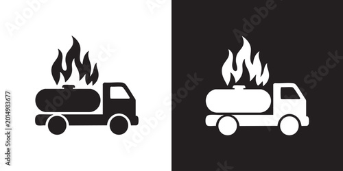 Fuel Tanker Truck Silhouette with Flames – Black Explosion Hazard Icon on White Background