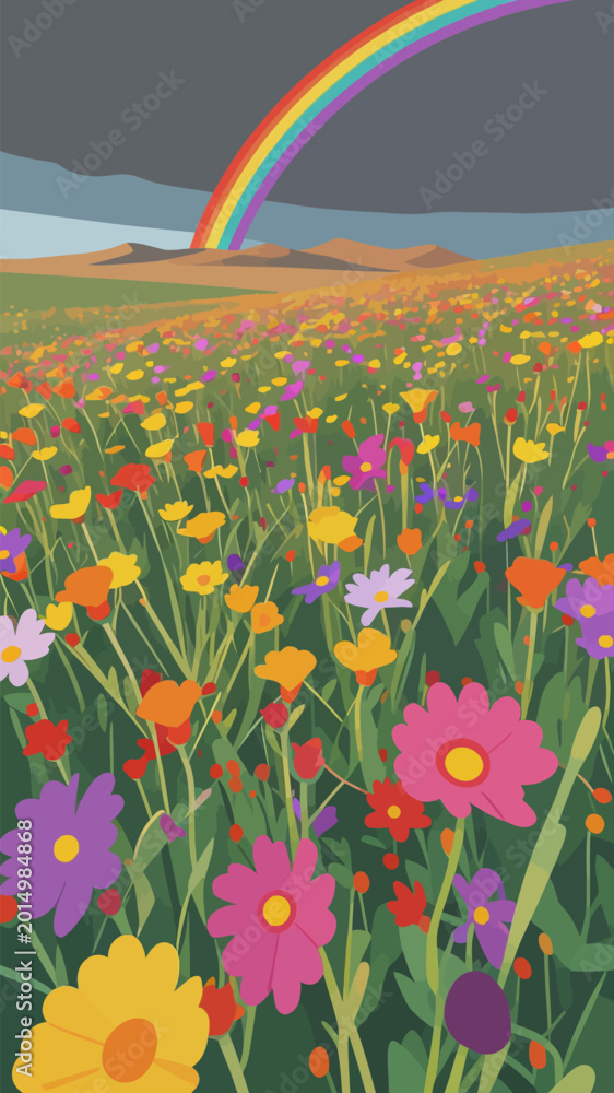 Naklejka premium Vibrant Wildflower Meadow with Rainbow After Rain