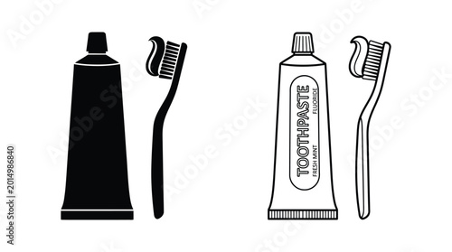 Bild auf Leinwand Toothpaste tube and toothbrush silhouettes on a white background