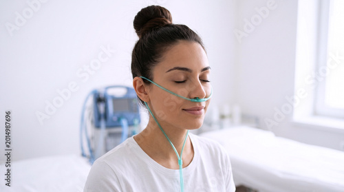 Young woman patient wearing nasal cannula oxygen tube resting calmly in hospital room