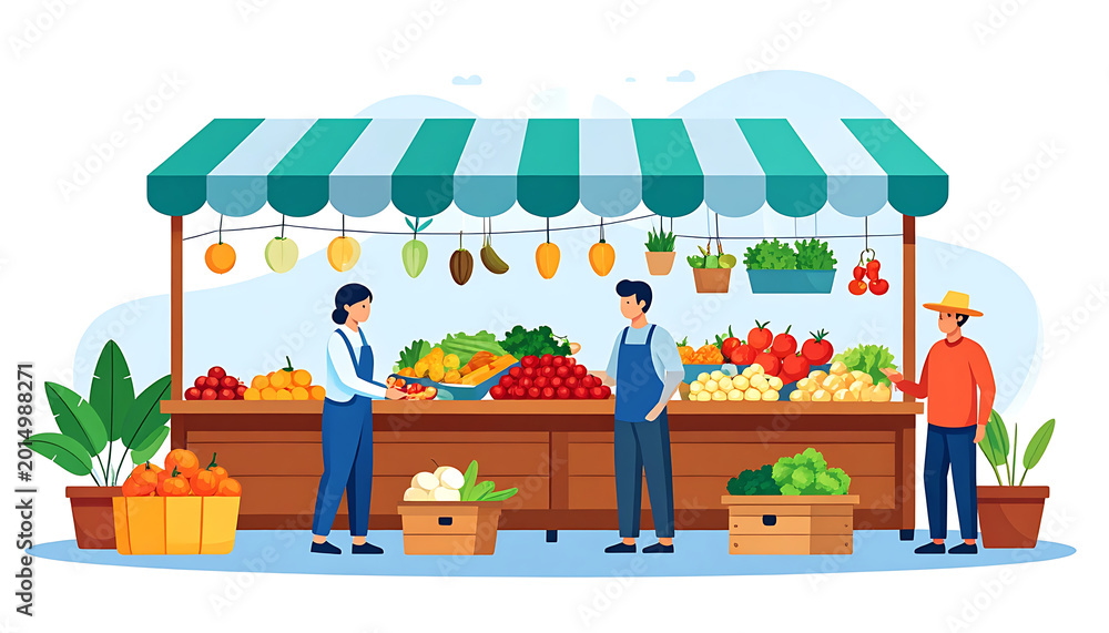Obraz premium Farmers market stall with fresh produce and vendors, selling fruits and vegetables, healthy food shopping, outdoor market atmosphere