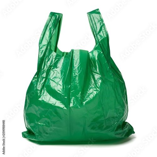 Green plastic reusable shopping bag with handles isolated on white background