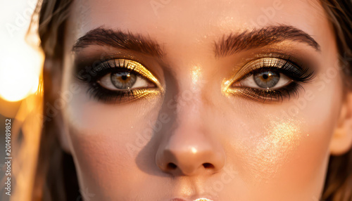 A woman with striking makeup showcases bold eyeshadow and glowing skin. The woman's eyes feature gold accents and dramatic lashes, creating a captivating look.