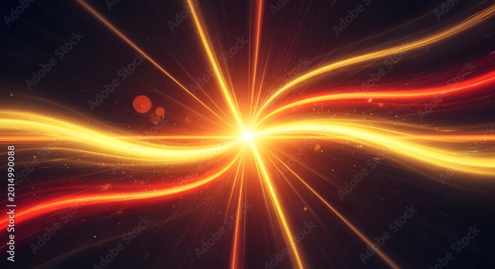 Obraz premium Abstract background with bright glowing golden and red light rays and wavy motion lines spreading from the center point