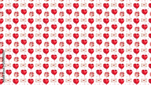 Red heart pattern with gifts on white background