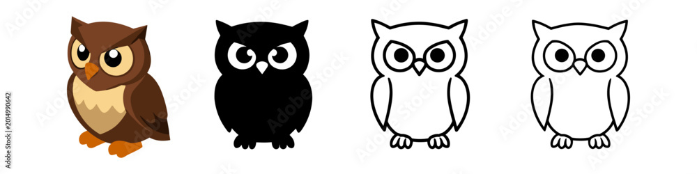 Fototapeta premium Collection of stylized owl icons in different artistic styles and colors