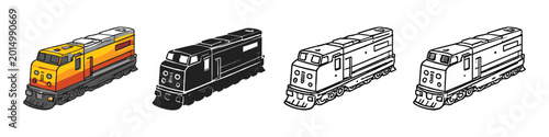 Photos Set of four diesel locomotive illustrations in different styles, including color