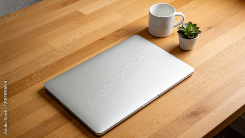 Fotografija Closed laptop on wooden desk with coffee mug and succulent plant