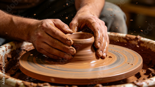 Bild auf Leinwand Potter Shaping Clay on a Spinning Wheel