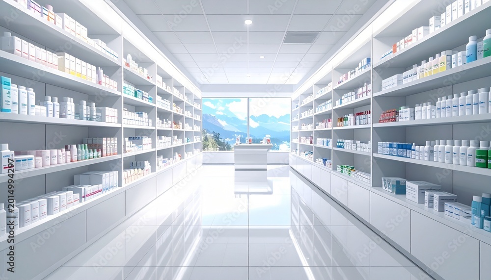 Obraz premium Bright Pharmacy Interior with Shelves of Medications and Products.