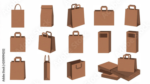 Foto Brown kraft paper bag collection, 14 eco-friendly shopping bag vector icons, rea