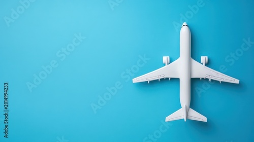 Top view of a white toy airplane on a solid blue background