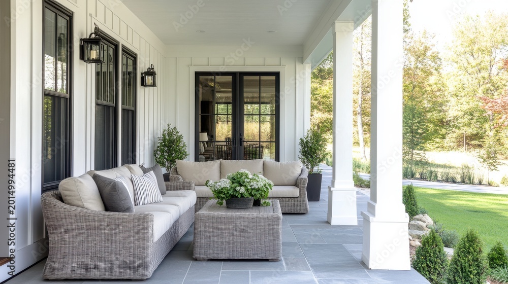 Fototapeta premium Beautifully furnished covered porch with comfortable outdoor seating