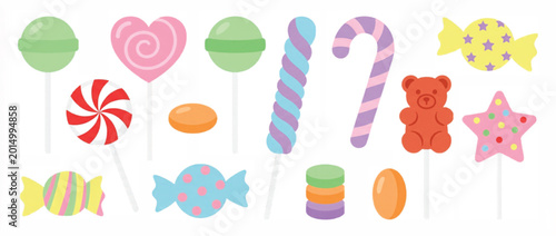 Foto Pastel candy vector set, colorful sweets collection with lollipops and gummy bea