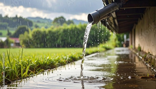 Rainwater flows from a gutter into a puddle beside a building