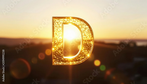 A large golden letter D is prominently displayed against a sunset backdrop. The sunset creates a glowing effect on the letter D, enhancing its visibility.