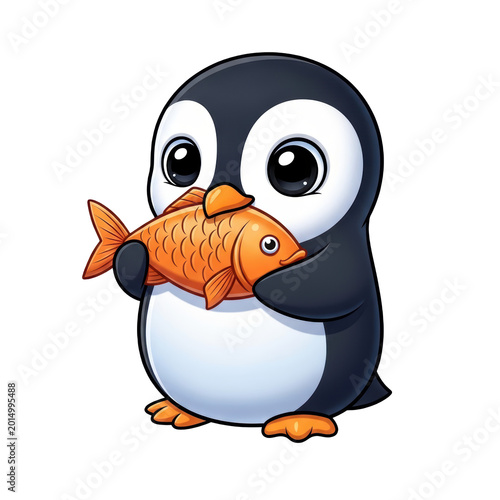 A cute cartoon penguin happily holds an orange fish in its beak outdoors.