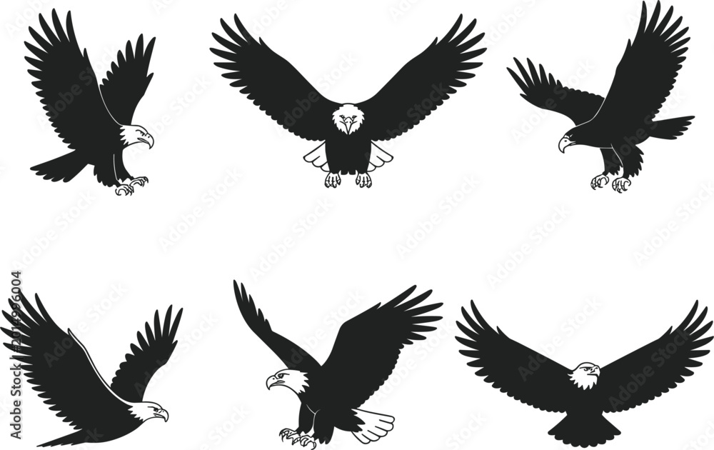 Fototapeta premium Eagle silhouettes vector set flying birds collection predator wildlife black icons isolated nature illustration majestic wings design