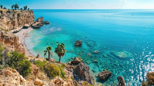 Breathtaking high-angle view of a pristine mediterranean landscape, showcasing a rugged cliff curving around a sheltered bay with a quiet pebbly beach, turquoise clear shallow sea that fades to deep