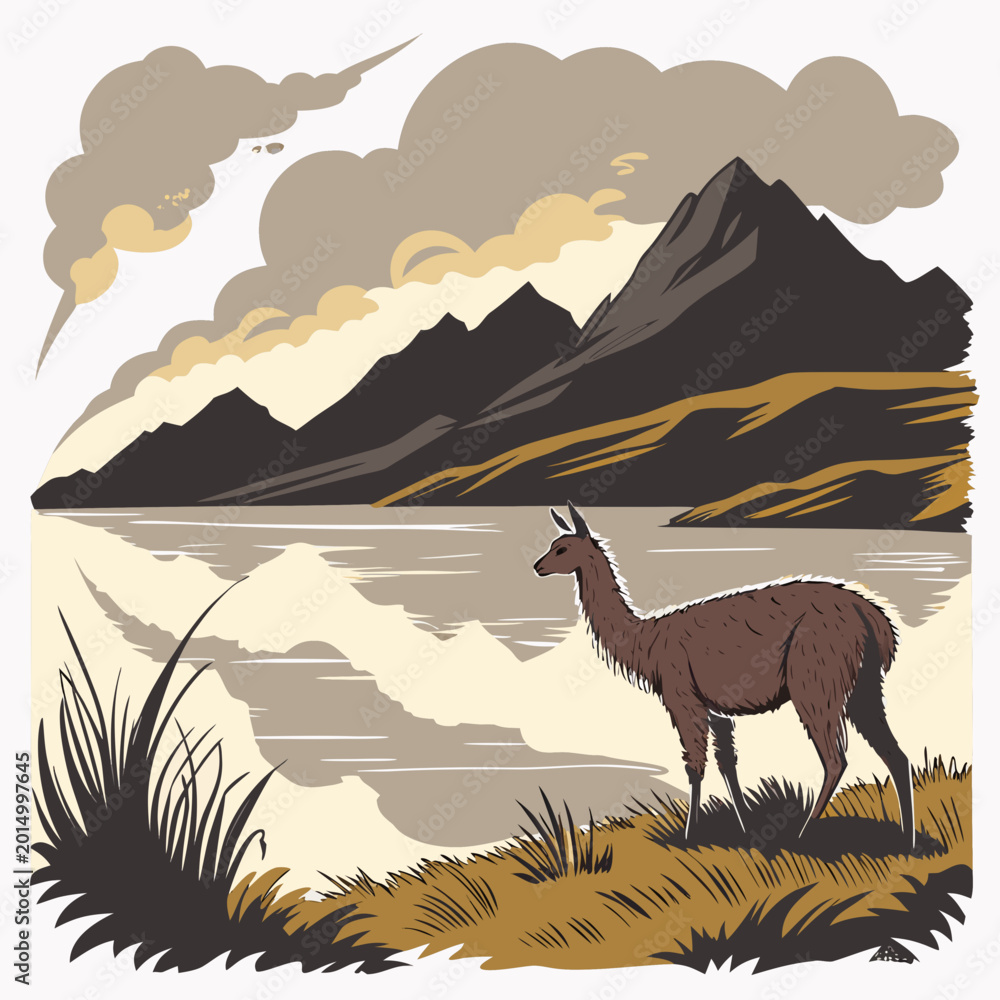 Obraz premium Brown llama standing by a lake with mountains and clouds, south america