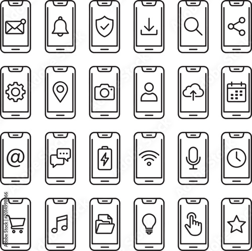 Collection of mobile phone icons for various apps and functions