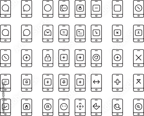 Collection of various smartphone app icons in black and white