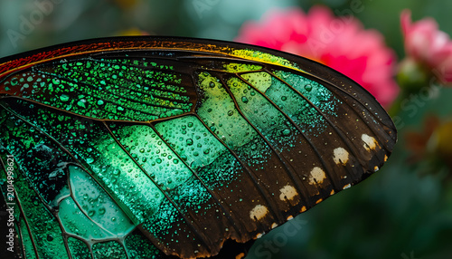 Butterfly wing with iridescent scales and water droplets isolated macro photography for graphic design