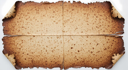 Stained antique paper background with burnt corners and folds.
