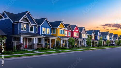 Row of colorful modern houses in a suburban neighborhood at sunset