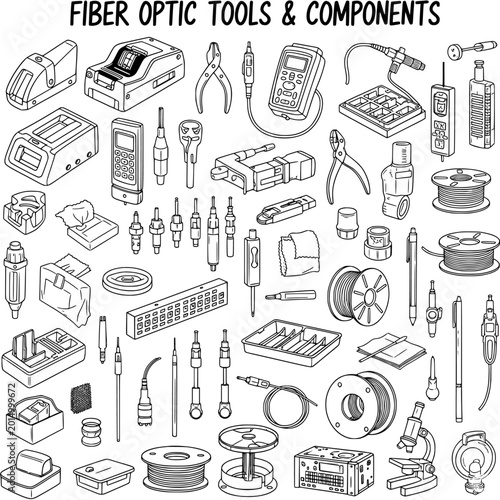 Obraz na płótnie Comprehensive Collection of Fiber Optic Tools and Components for Telecommunicati