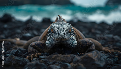 Galapagos marine iguana head featuring textured scales and crusty skin in isolated sharp focus macro view for scientific research publishing