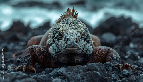 Galpagos marine iguana vector art featuring scaly facial details and spikes isolated for biological scientific publishing