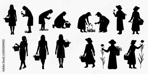 Photos Set of women silhouettes picking flowers and carrying baskets, gardening and harvesting concept