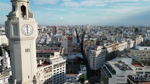 Aerial view of Buenos Aires Legislature Palace clock tower and downtown skyline, Argentina