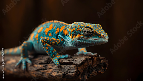 Tokay gecko with vibrant blue skin and orange spots isolated in sharp macro focus for wildlife educational publishing