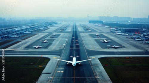 Aerial view of busy commercial airport runway
