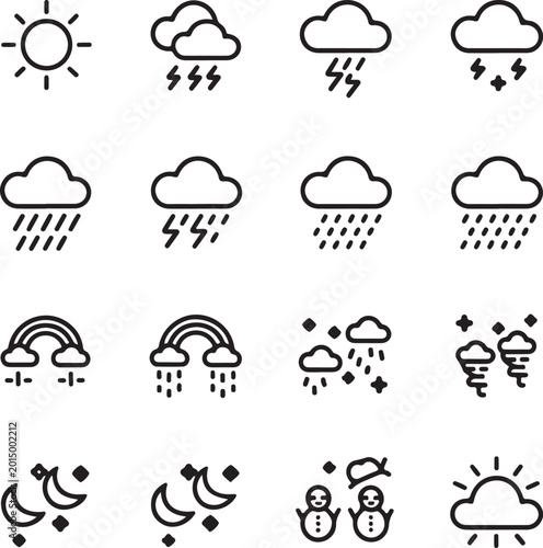 Weather forecast icons set with sun cloud rain lightning rainbow snow