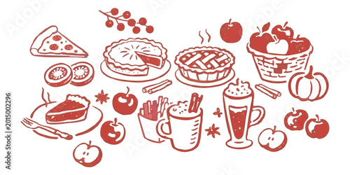 Fotografie Set of hand drawn autumn apple pie and hot drink illustrations for fall season m
