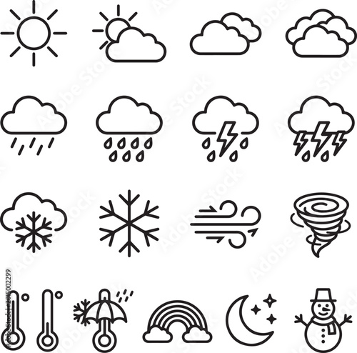 Weather forecast icons and symbols for various conditions