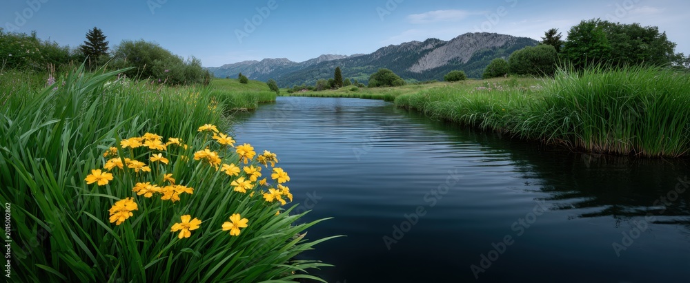 Fototapeta premium Calm lake with cattails and wildflowers reflects a partly cloudy sky on a meadow island.