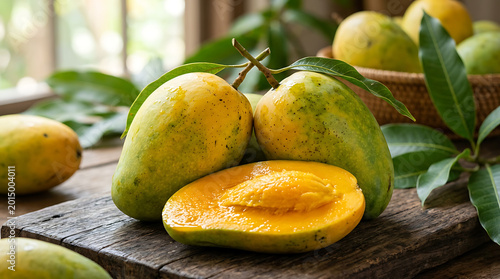 Fresh ripe mangoes on wooden table