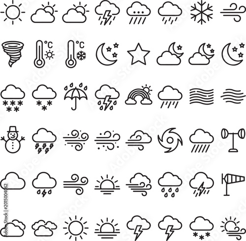 Weather forecast icons and symbols in black and white