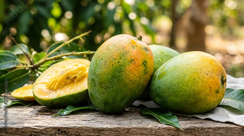 Fresh ripe mangoes on wooden table