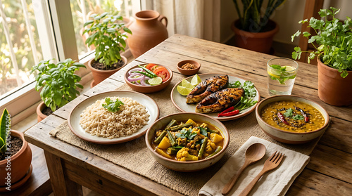Traditional indian homecooked meal on a wooden table