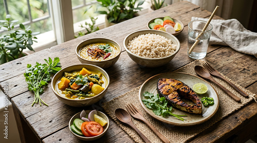 Traditional sri lankan meal with fish curry, rice, and vegetables