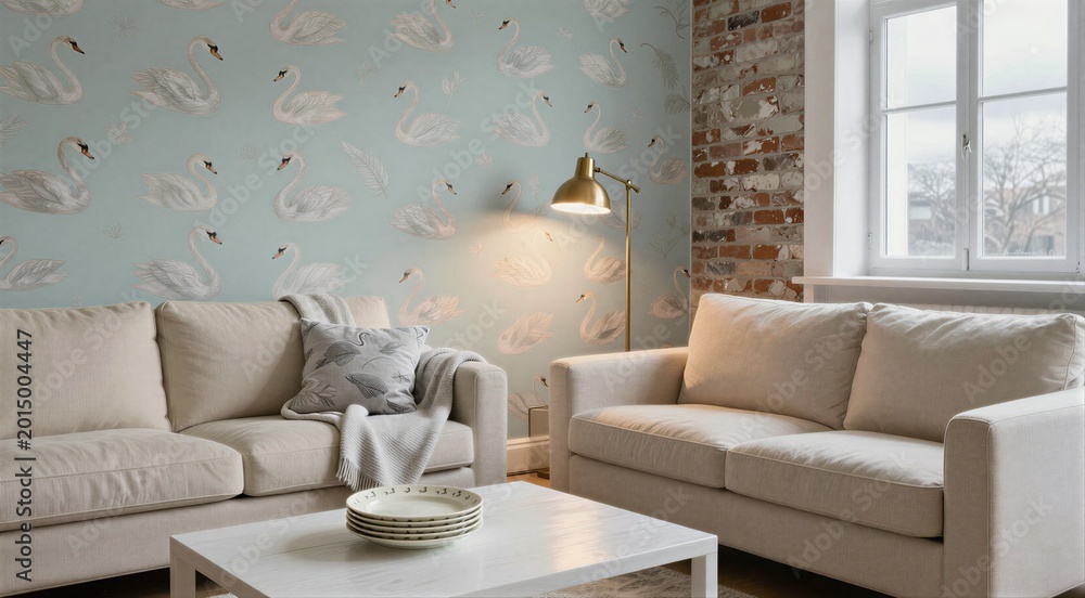Fototapeta premium Living room featuring swan wallpaper and paired neutral sofas