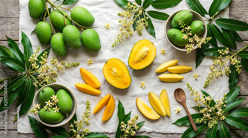 Fresh mangoes with leaves and flowers