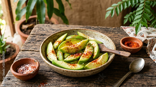 Sliced avocado with spices in a bowl