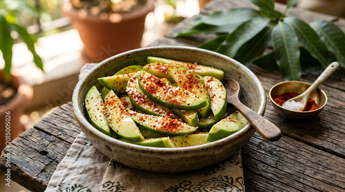 Sliced green mango with chili powder and salt in a rustic bowl