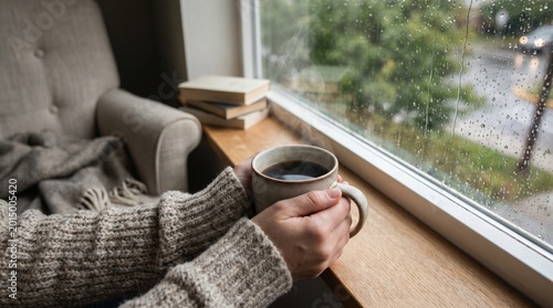 Person holding coffee cup by rainy window with books on sill